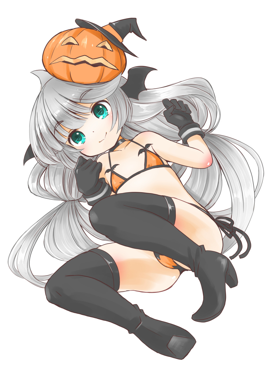 1girl, absurdres, bat_wings, bikini, black_gloves, black_headwear, black_legwear, boots, flat_chest, full_body, gloves, green_eyes, grey_hair, hat, highres, jack-o'-lantern, kantai_collection, long_hair, looking_at_viewer, low_twintails, lying, mikura_(kancolle), one-hour_drawing_challenge, orange_bikini, pumpkin, simple_background, solo, swimsuit, taisinkoku, thigh-highs, thigh_boots, twintails, white_background, wings, witch_hat