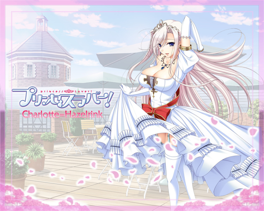 blue_hair, breasts, charlotte_hazellink, charlotte_hazelrink, cleavage, dress, elbow_gloves, garter_straps