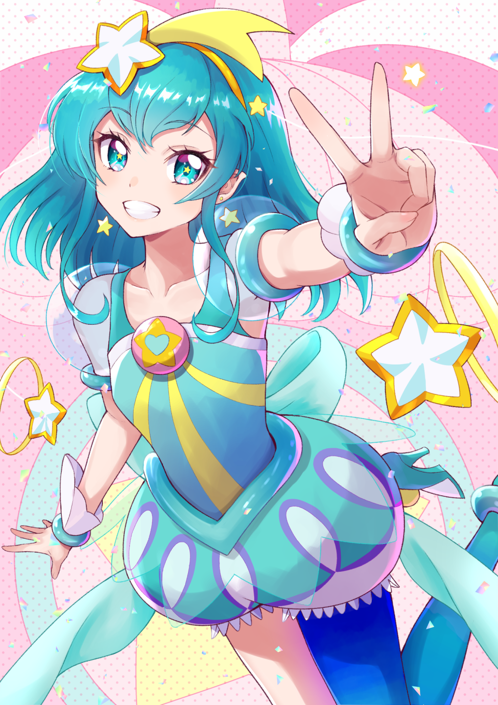 1girl, blue_eyes, blue_hair, blue_legwear, collarbone, cure_milky, earrings, floating_hair, grin, hair_ornament, hairband, highres, jewelry, komashiro_n, long_hair, looking_at_viewer, polka_dot, polka_dot_background, precure, puffy_shorts, see-through_sleeves, shiny, shiny_hair, short_shorts, short_sleeves, shorts, single_leg_pantyhose, smile, solo, star-shaped_pupils, star_(symbol), star_earrings, star_hair_ornament, star_twinkle_precure, symbol-shaped_pupils, v, yellow_hairband