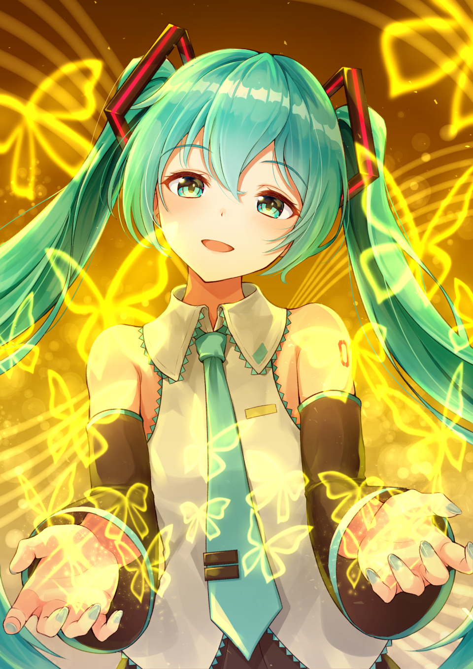 1girl, :d, aqua_eyes, aqua_hair, aqua_neckwear, bangs, black_skirt, black_sleeves