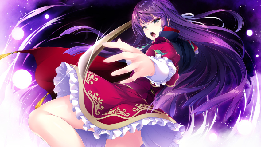 1girl, bangs, cape, eyebrows_visible_through_hair, floating_hair, frilled_skirt, frills, game_cg