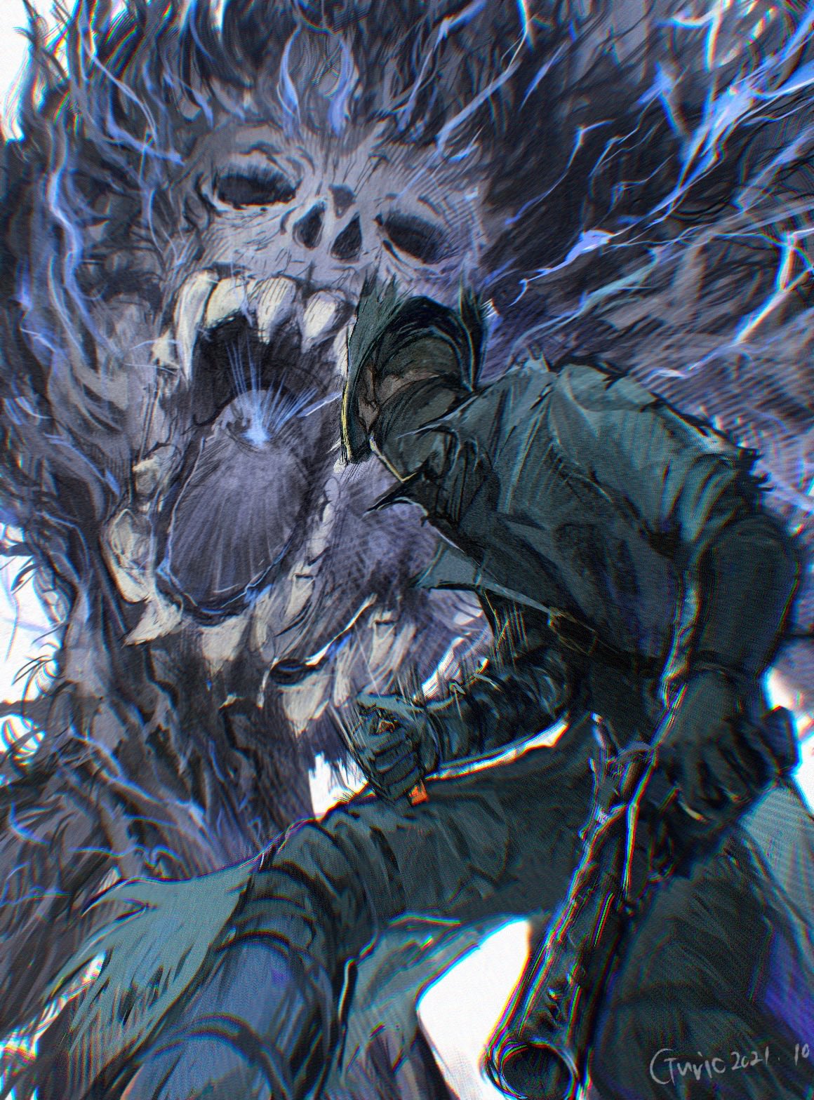 1boy, black_jacket, bloodborne, boots, coat, commentary_request, darkbeast_paarl, electricity, english_commentary, gloves, gun, guri_otoko, hat, highres, holding, holding_weapon, hunter_(bloodborne), jacket, long_pants, mask, mixed-language_commentary, mouth_mask, pants, short_hair, standing, tricorne, weapon