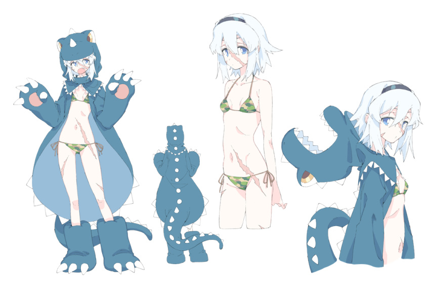 1girl, bikini, blue_eyes, breasts, camouflage, camouflage_bikini, character_sheet, dinosaur_costume
