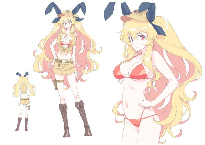1girl, anne_bonny_(fate), bikini, blonde_hair, boots, breasts, character_sheet, fate/grand_order