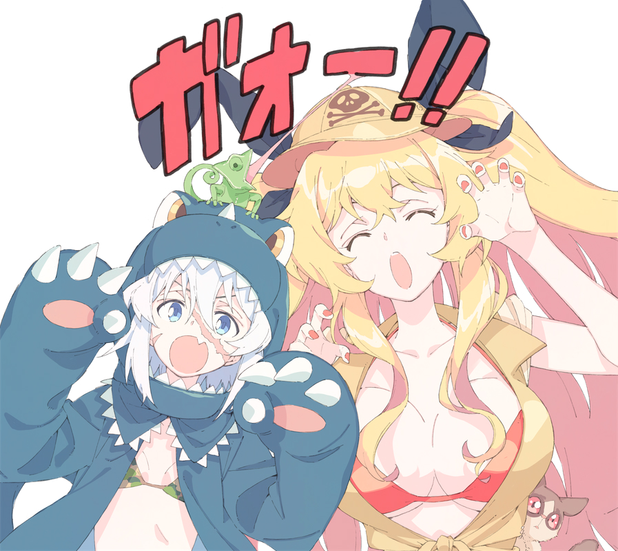 2girls, anne_bonny_(fate), bikini, bikini_top, blonde_hair, blue_eyes, breasts, chameleon