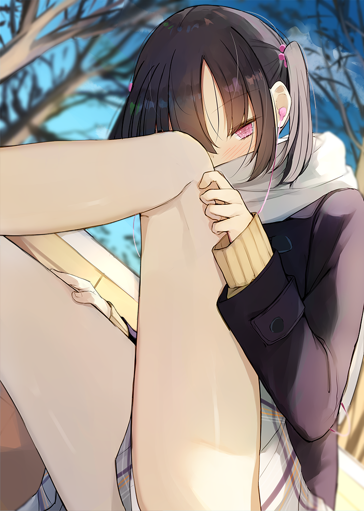 1girl, bare_legs, black_hair, black_jacket, blush, brown_sweater, commentary_request, day