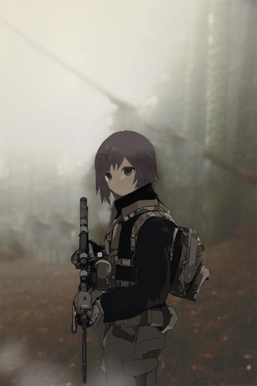 1girl, absurdres, backpack, bag, black_jacket, blurry, blurry_background, brown_hair
