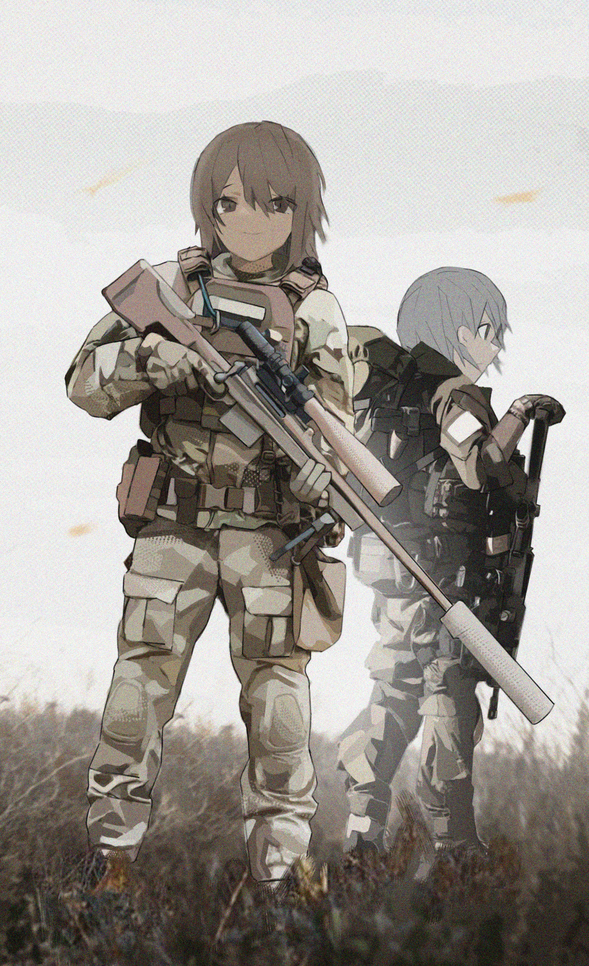 2girls, absurdres, bangs, brown_eyes, brown_gloves, brown_hair, bulletproof_vest, camouflage