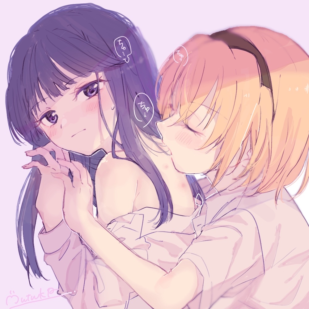 2girls, artist_name, blonde_hair, blush, closed_eyes, clothes_pull, furude_rika, hairband
