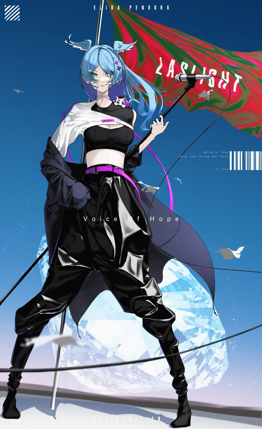1girl, absurdres, alternate_costume, animal_on_shoulder, baggy_pants, bangs, barcode, black_footwear, black_jacket, black_pants, black_sports_bra, copyright_name, diamond_(gemstone), elira_pendora, english_text, flag, floating_hair, green_eyes, head_wings, heterochromia, highres, holding, holding_microphone_stand, jacket, long_hair, lyrics, marui_(fxxstate_ofmind), microphone, microphone_stand, nijisanji, nijisanji_en, pants, pikl_(elira_pendora), purple_belt, solo, sports_bra, virtual_youtuber, yellow_eyes