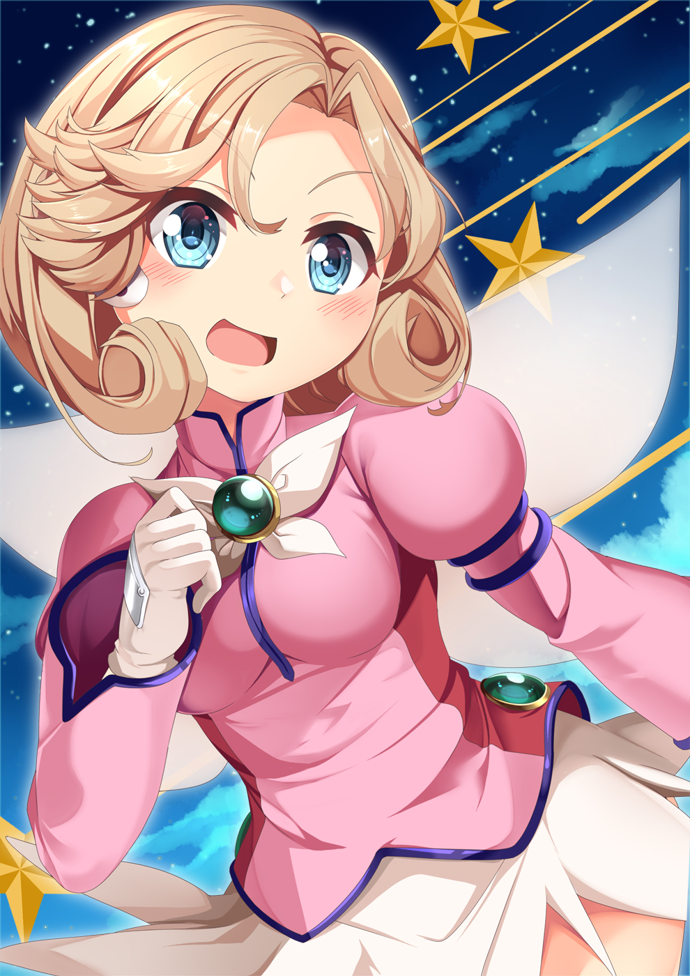 1girl, bangs, blonde_hair, blue_eyes, breasts, corrector_yui, cosplay, gloves