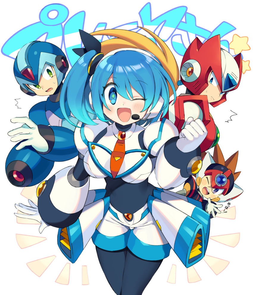1girl, 3boys, android, arm_cannon, axl_(mega_man), bangs, blonde_hair, blue_eyes