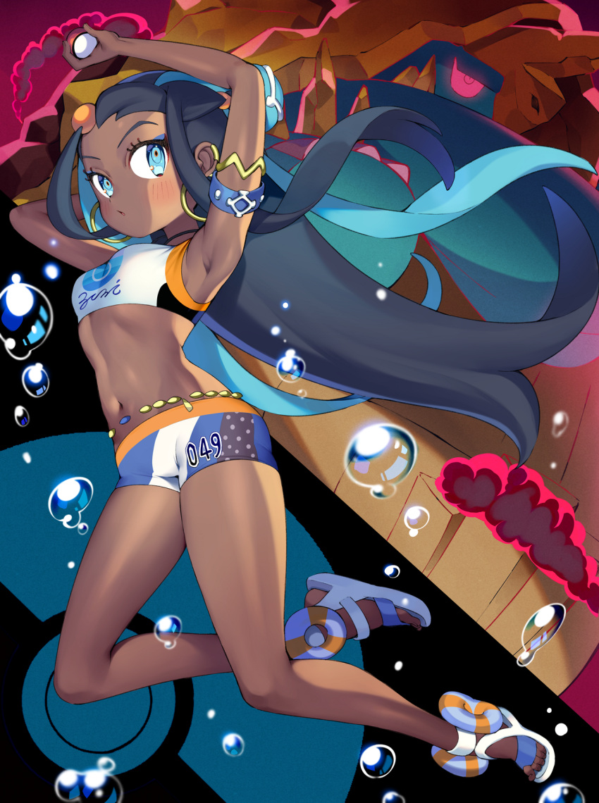 1girl, armlet, armpits, belly_chain, bike_shorts, black_hair, blue_eyes, blue_eyeshadow