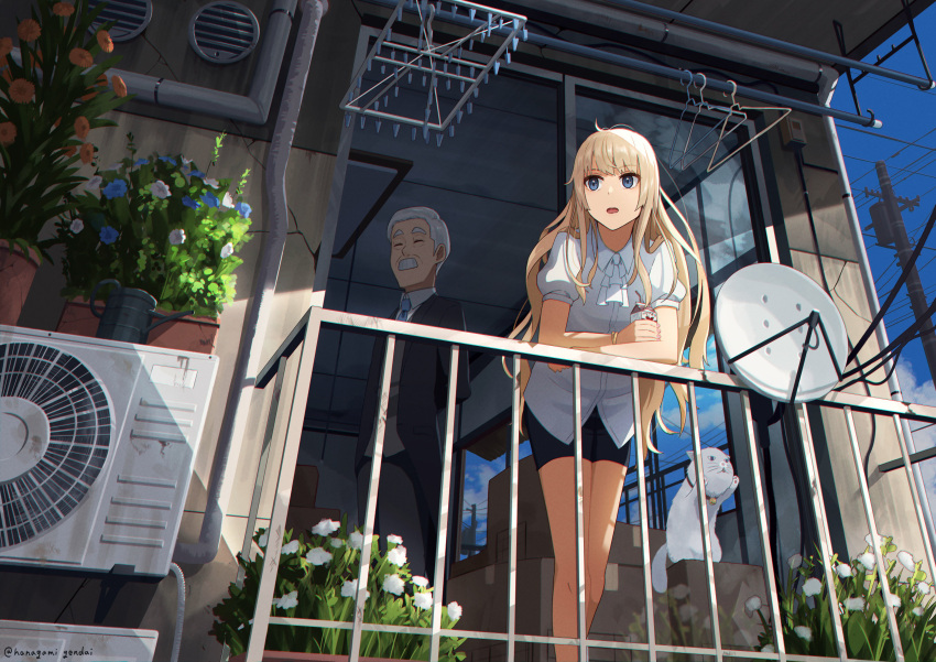 1boy, 1girl, absurdres, air_conditioner, balcony, black_pants, blonde_hair, blue_eyes, cat, clothes_hanger, day, drink, facial_hair, flower, formal, grey_hair, hanagamigendai, highres, leaning_forward, long_hair, mustache, necktie, old, old_man, original, outdoors, pants, power_lines, radar_dish, railing, standing, suit, yojouhan