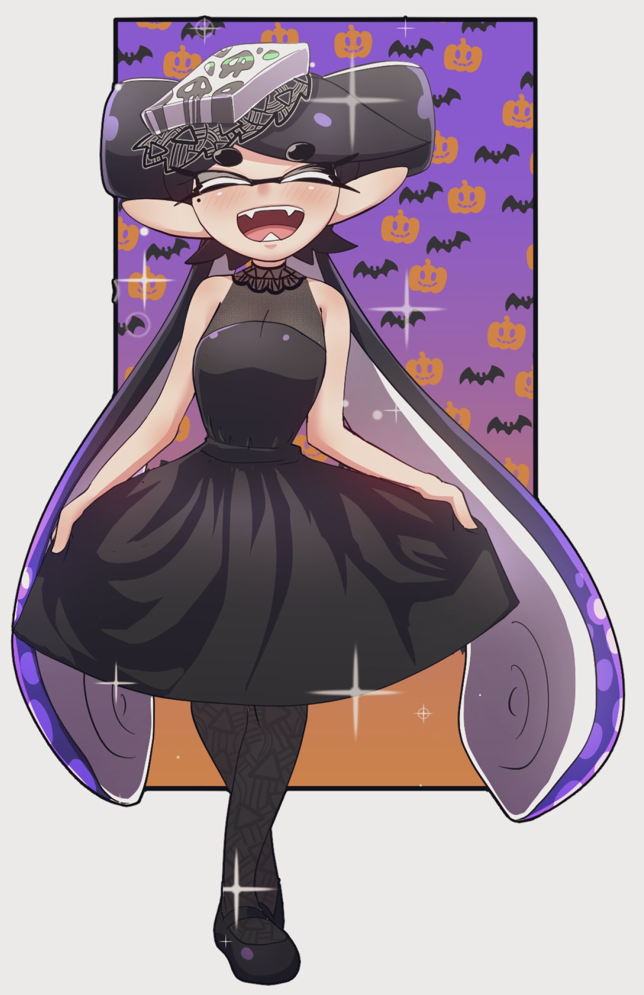 1girl, bat, black_dress, black_footwear, black_hair, black_legwear, callie_(splatoon), closed_eyes