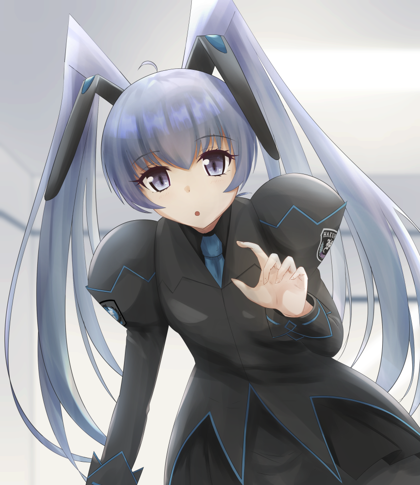 1girl, :o, black_shirt, blue_neckwear, collared_shirt, cureecoolan, eyebrows_visible_through_hair, flat_chest
