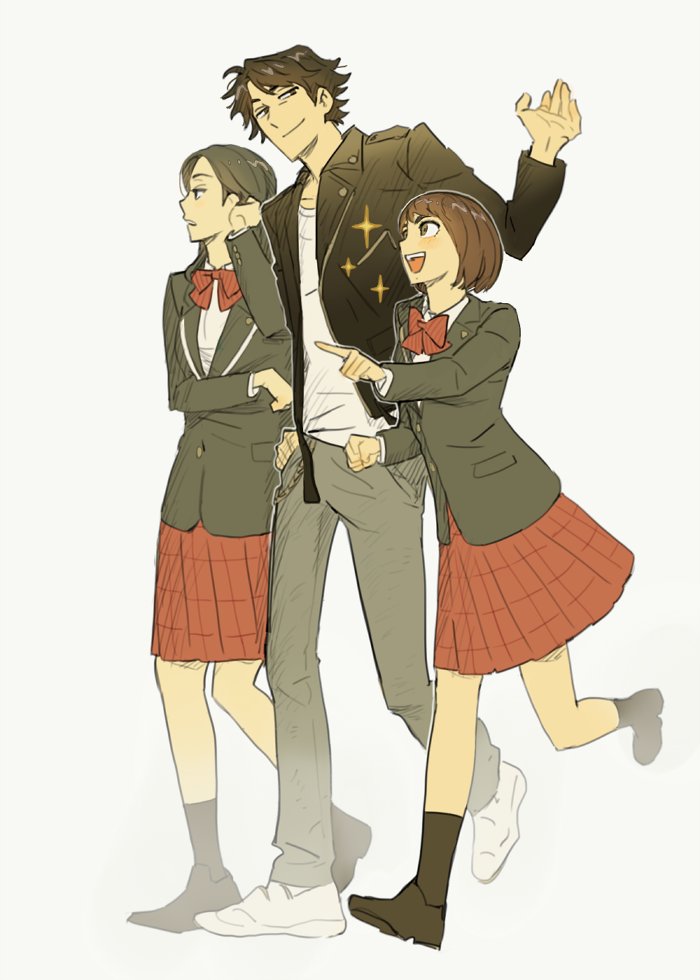 1boy, 2girls, amasawa_kyouko, azukay_k, black_eyes, black_footwear, black_hair, black_jacket