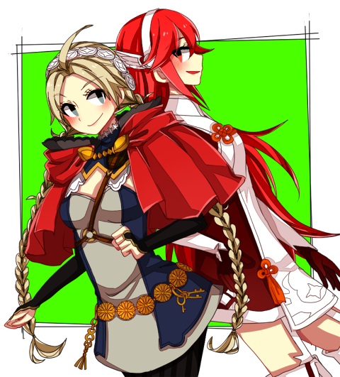 141hio, 2girls, ahoge, back-to-back, bangs, blonde_hair, caeldori_(fire_emblem), fire_emblem, fire_emblem_fates, hairband, key, long_hair, looking_at_another, multiple_girls, nina_(fire_emblem), redhead, smile, upper_body