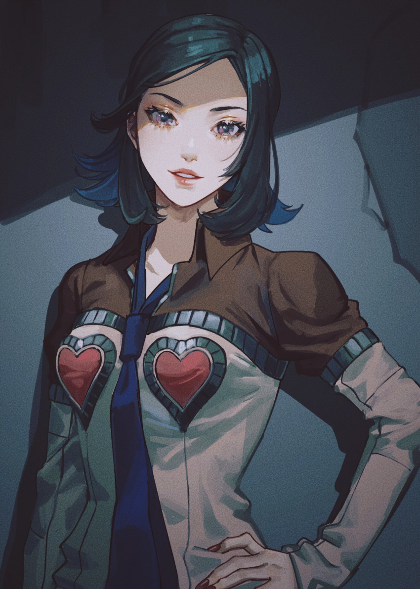 1girl, amano_maya, between_breasts, breasts, hand_on_hip, highres, long_sleeves, looking_at_viewer, necktie, necktie_between_breasts, parted_lips, persona, persona_2, red_nails, sageo_yn, short_hair, simple_background, solo