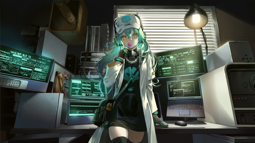 1girl, antonina_(girls'_frontline_nc), aqua_hair, bag, black_dress, blinds, bracelet, candy