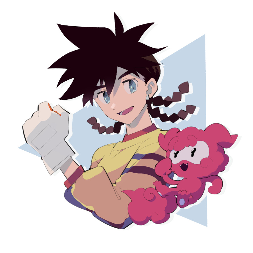1boy, 2nacl, bangs, blue_eyes, braid, brown_hair, clenched_hand, creature