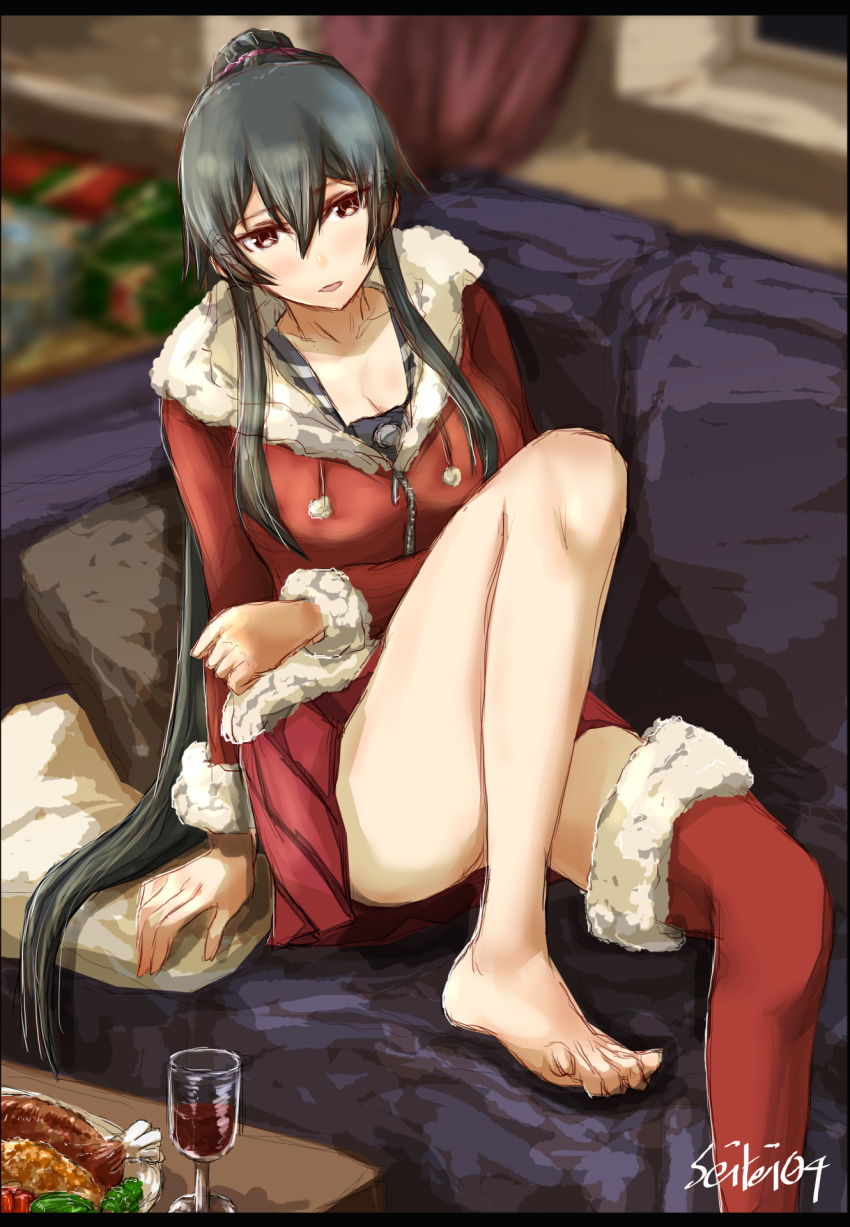 1girl, alcohol, barefoot, black_hair, black_neckwear, black_sailor_collar, blush, commentary_request, couch, cup, cushion, drinking_glass, eyebrows_visible_through_hair, food, gift, hair_between_eyes, highres, kantai_collection, long_hair, long_sleeves, necktie, open_mouth, pink_scrunchie, pleated_skirt, ponytail, red_eyes, red_legwear, red_shirt, red_skirt, sailor_collar, santa_costume, scrunchie, seitei_(04seitei), shirt, sidelocks, single_thighhigh, sitting, skirt, solo, table, thigh-highs, turkey_(food), twitter_username, window, wine, wine_glass, yahagi_(kancolle)