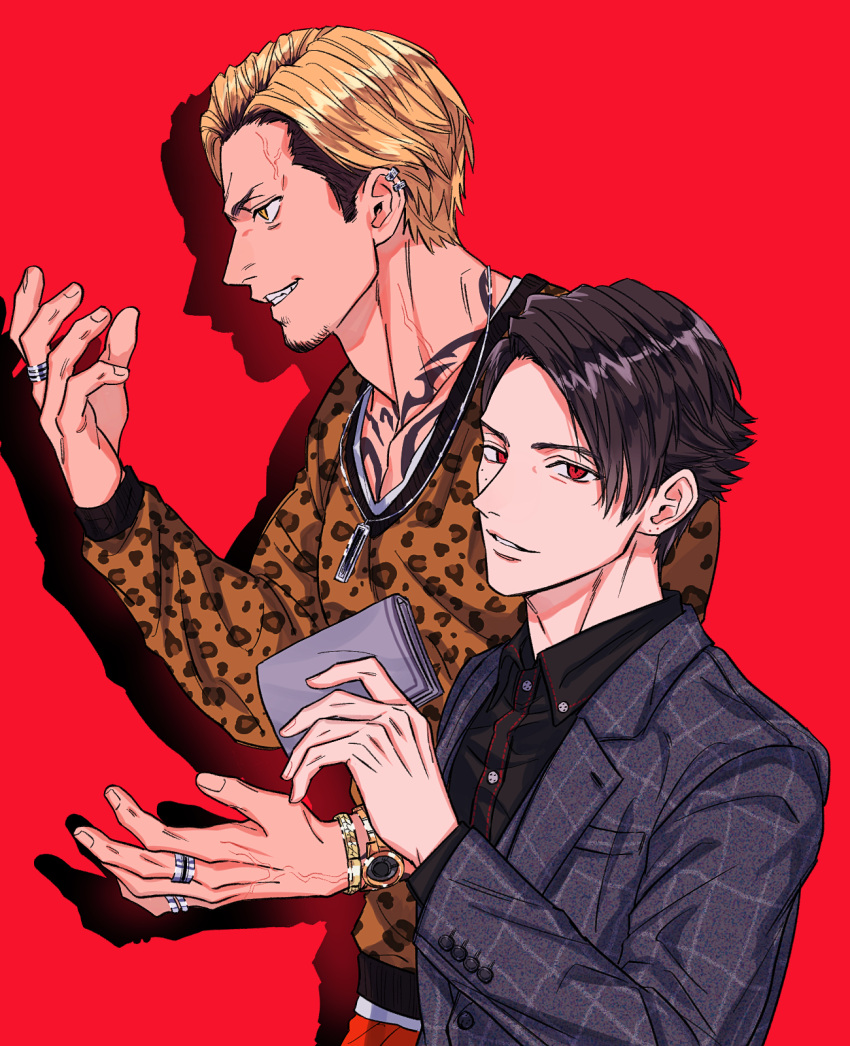 2boys, animal_print, black_hair, black_shirt, blonde_hair, blue_jacket, bracelet, chest_tattoo, collared_shirt, daimu_akutsu, dress_shirt, earrings, grin, hand_up, handkerchief, highres, holding, holding_handkerchief, jacket, jewelry, leopard_print, long_sleeves, looking_at_viewer, lost_judgment, male_focus, multiple_boys, necklace, parted_lips, profile, red_background, red_eyes, ring, shirt, short_hair, simple_background, smile, souma_kazuki, sweater, tattoo, undercut, upper_body, watch, watch, yakumo_(ykm), yellow_eyes
