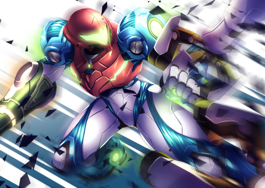 1girl, arm_cannon, arm_grab, e.m.m.i._(metroid), highres, looking_at_another, metroid, metroid_dread, motion_blur, power_armor, robot, samus_aran, shards, visor, weapon, yupi828