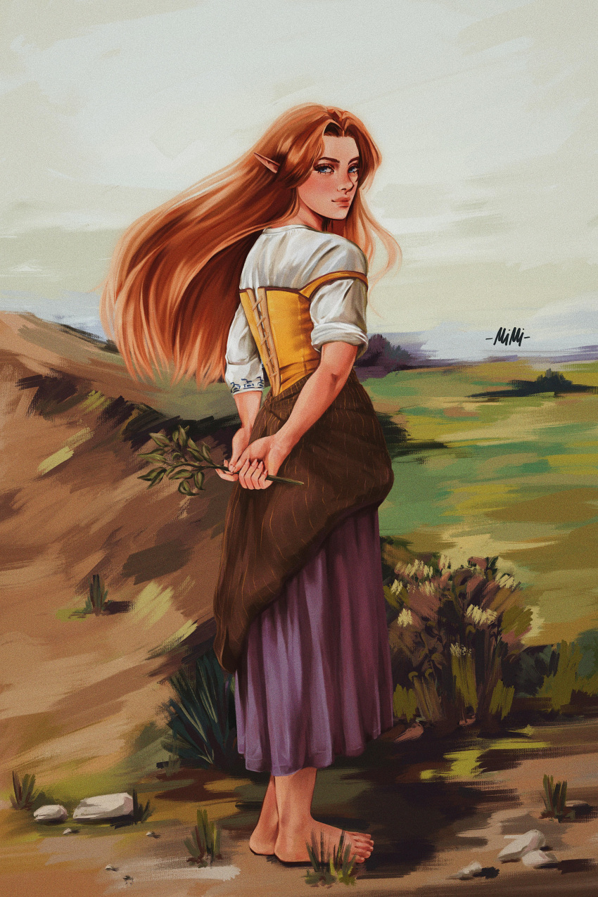 1girl, absurdres, arms_behind_back, barefoot, blush, corset, dress, field