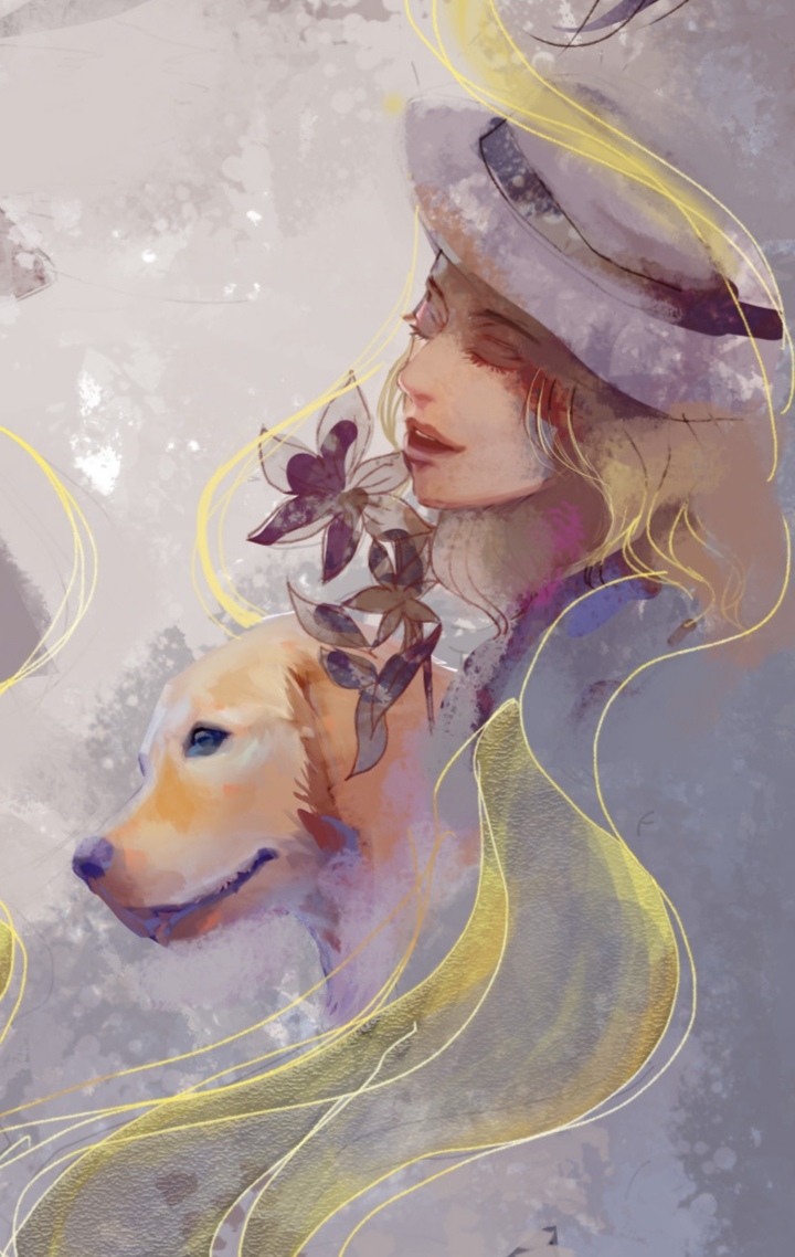 1girl, animal, audrey_hall, blonde_hair, cangzhili, chinese_commentary, closed_eyes, commentary_request, dog, flower, golden_retriever, hat, long_hair, lord_of_the_mysteries, open_mouth, shaded_face, susie_(lord_of_the_mysteries), teeth, white_headwear