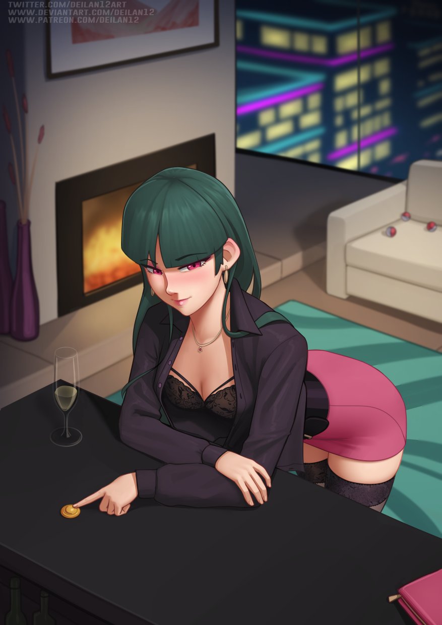 1girl, bangs, blunt_bangs, bra, buttons, closed_mouth, commentary, couch, deilan12, earrings, english_commentary, eyelashes, fireplace, glass, green_hair, highres, indoors, jewelry, leaning_forward, liquid, long_hair, long_sleeves, open_clothes, open_shirt, picture_(object), pink_eyes, poke_ball, poke_ball_(basic), pokemon, pokemon_(game), pokemon_lgpe, purple_skirt, sabrina_(pokemon), shirt, skirt, smile, solo, standing, thigh-highs, underwear, vase, watermark, web_address
