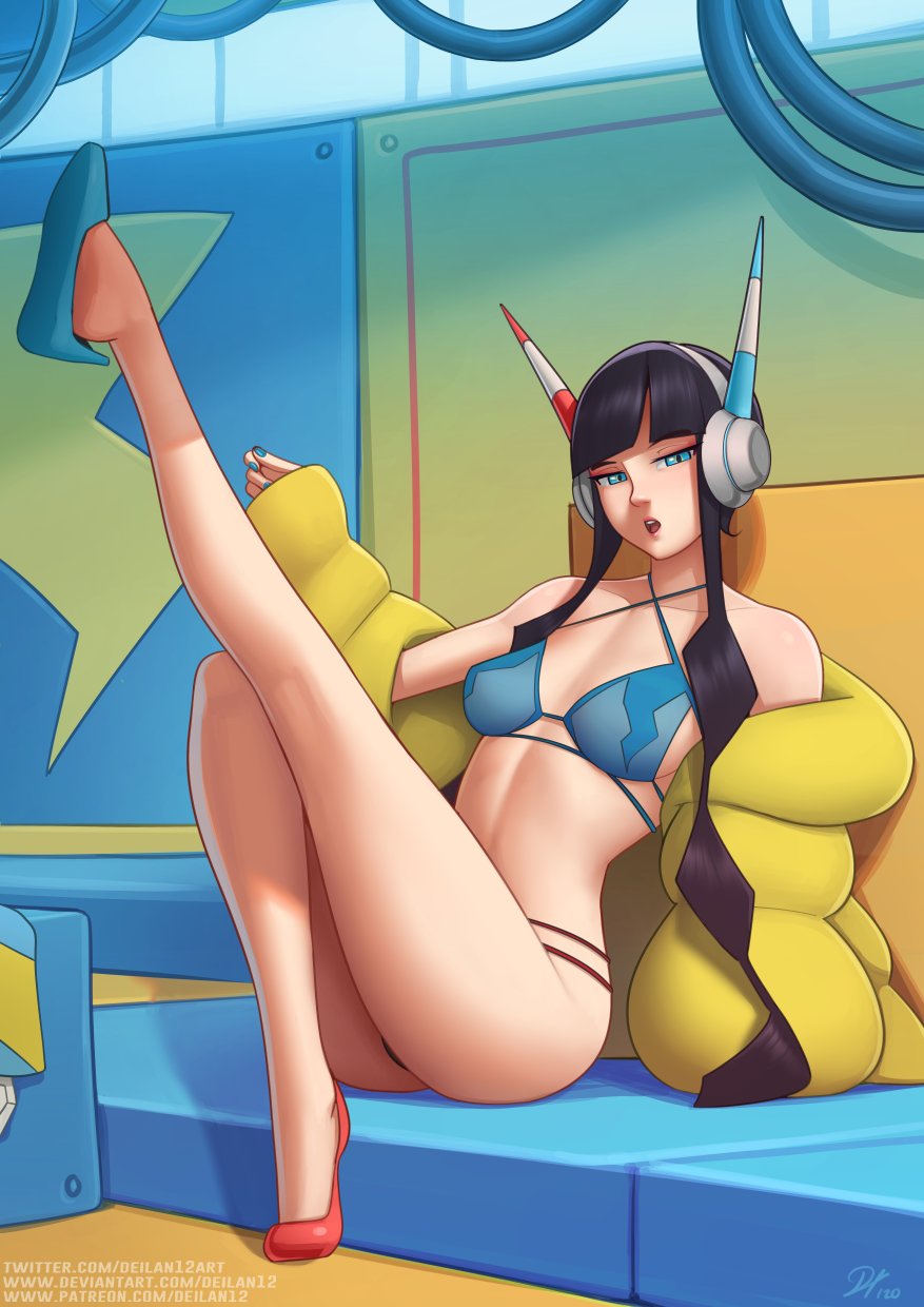 1girl, asymmetrical_footwear, bangs, bikini, black_hair, blue_bikini, blue_eyes, blue_footwear