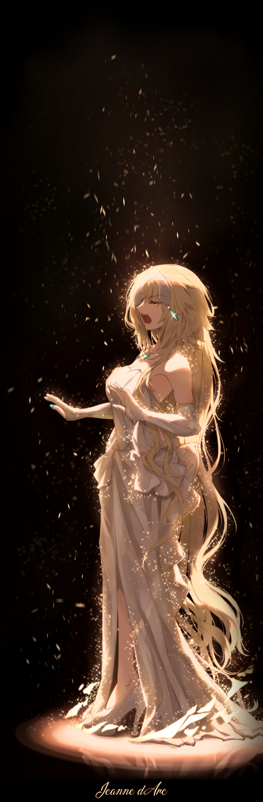 1girl, absurdres, alternate_costume, blonde_hair, blue_nails, breasts, character_name, closed_eyes