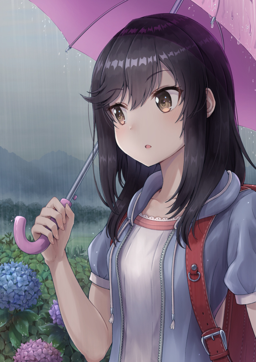 1girl, :o, backpack, bag, black_hair, blouse, blue_flower, blue_hoodie