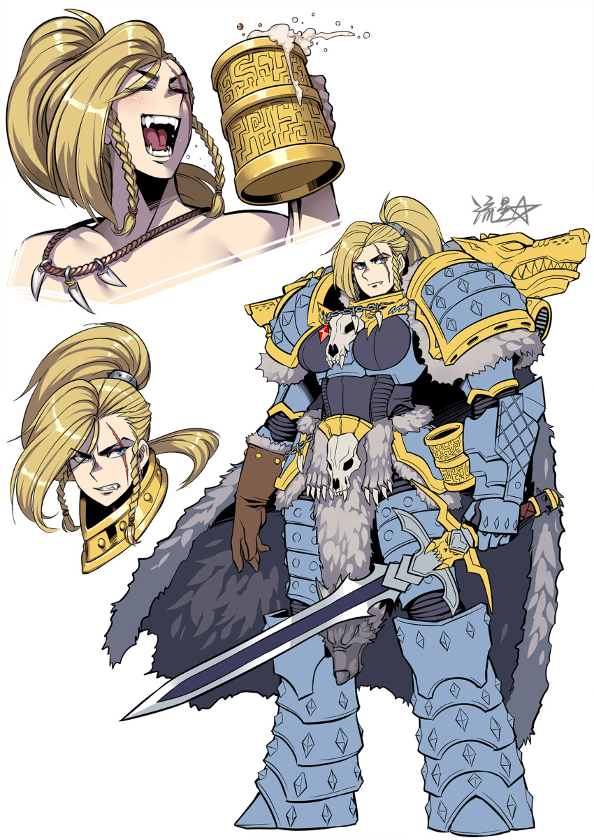 1girl, :d, adeptus_astartes, animal_skull, armor, beer_mug, blonde_hair, blue_eyes