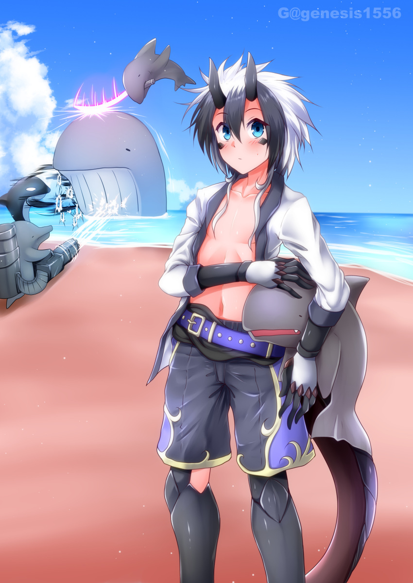1boy, absurdres, animal, artist_name, bangs, beach, black_hair, black_shorts