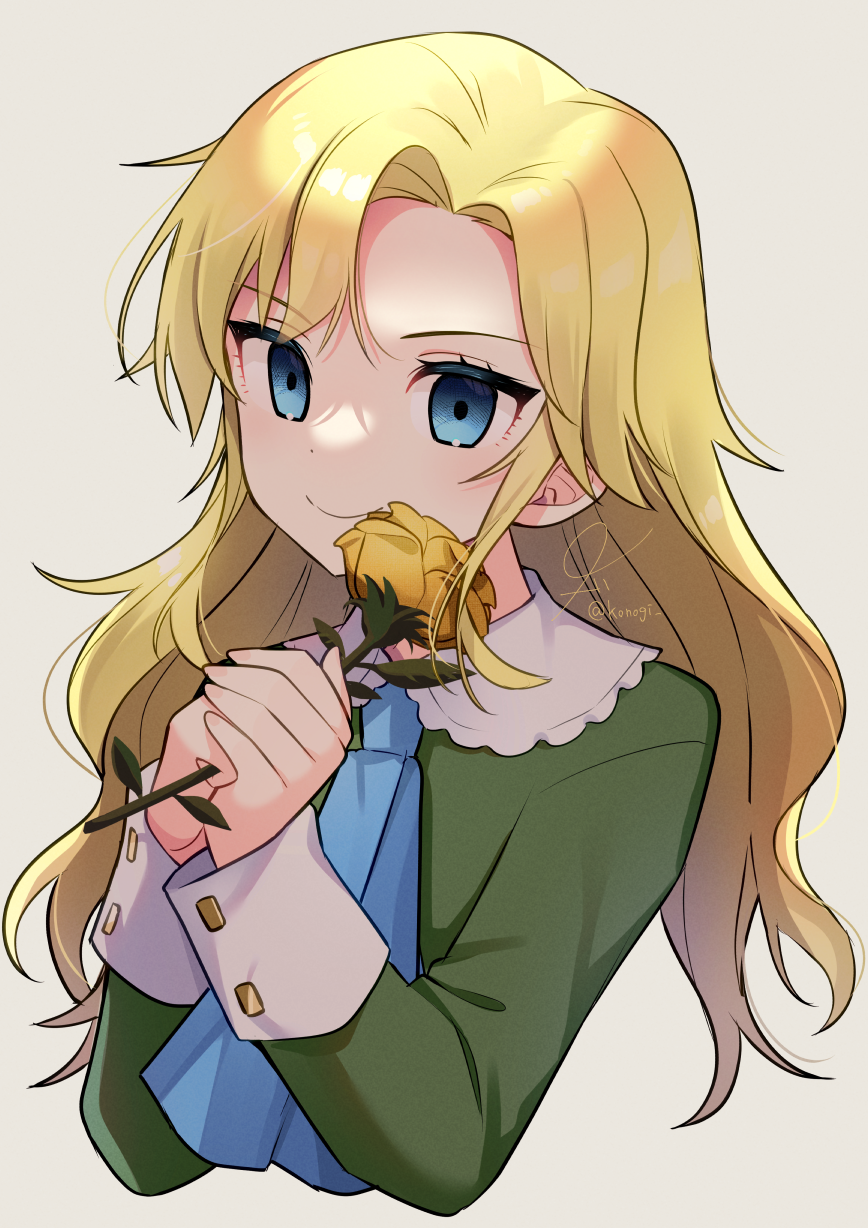 blonde_hair, blue_eyes, blue_neckwear, closed_mouth, cropped_torso, dot_nose, dress, flower