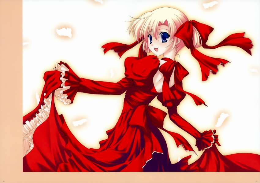 blonde_hair, blue_eyes, canvas2_niji_iro_no_sketch, dress, gloves, housen_elis, nanao_naru, scan