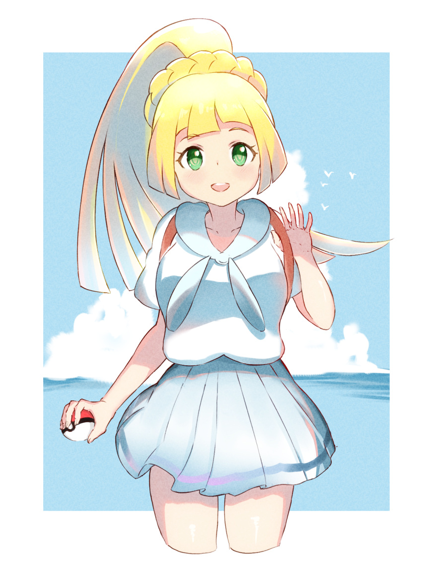 1girl, bangs, blonde_hair, blush, border, clouds, commentary_request, cowboy_shot