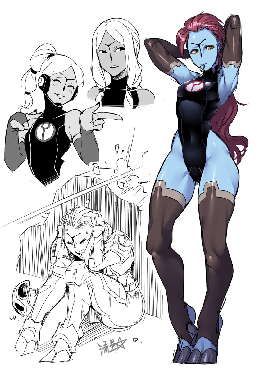 4girls, armor, armpits, black_leotard, blue_skin, breasts, brown_eyes, closed_eyes