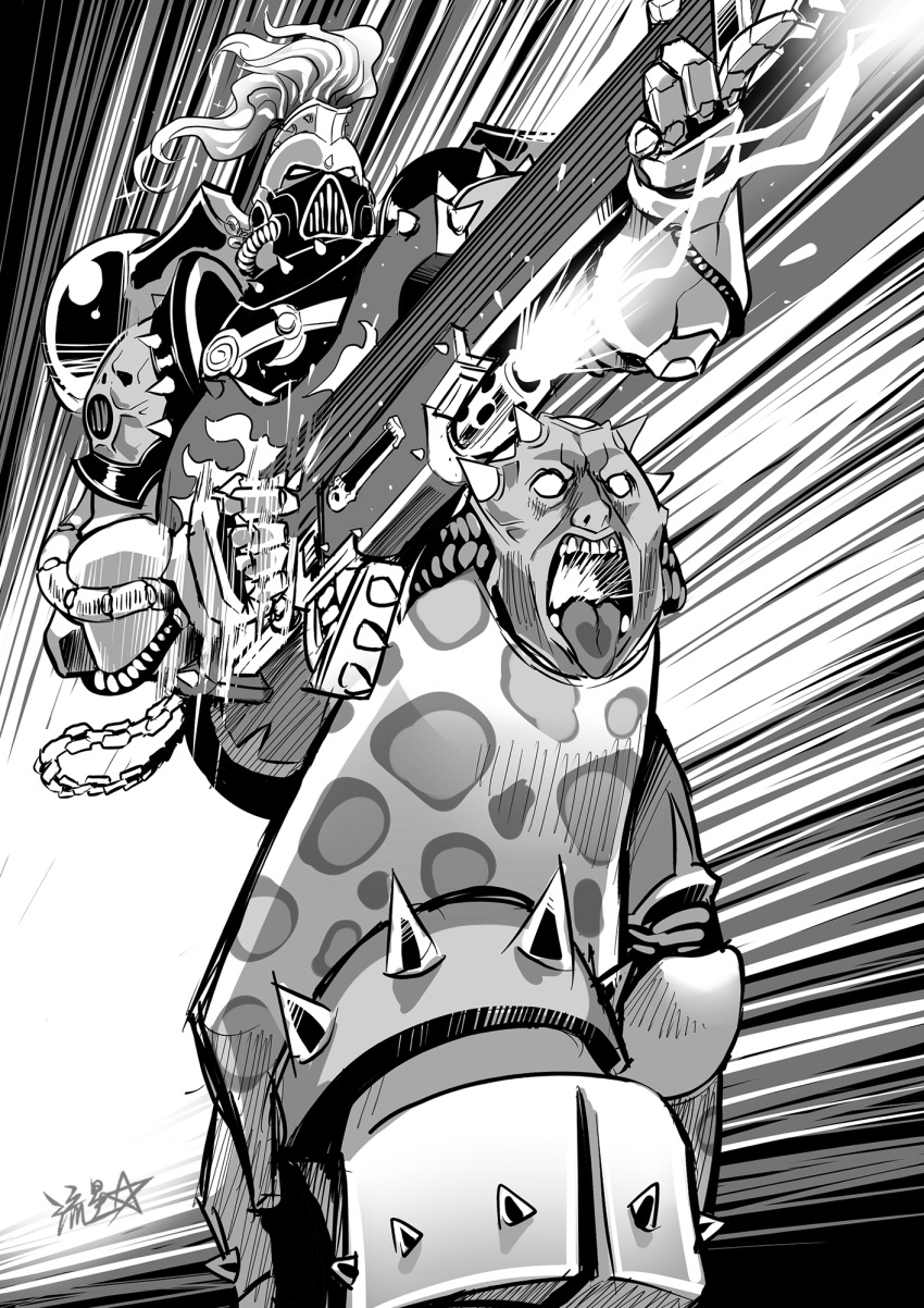 1boy, adeptus_astartes, armor, chaos_(warhammer), commentary, electric_guitar, english_commentary, firing