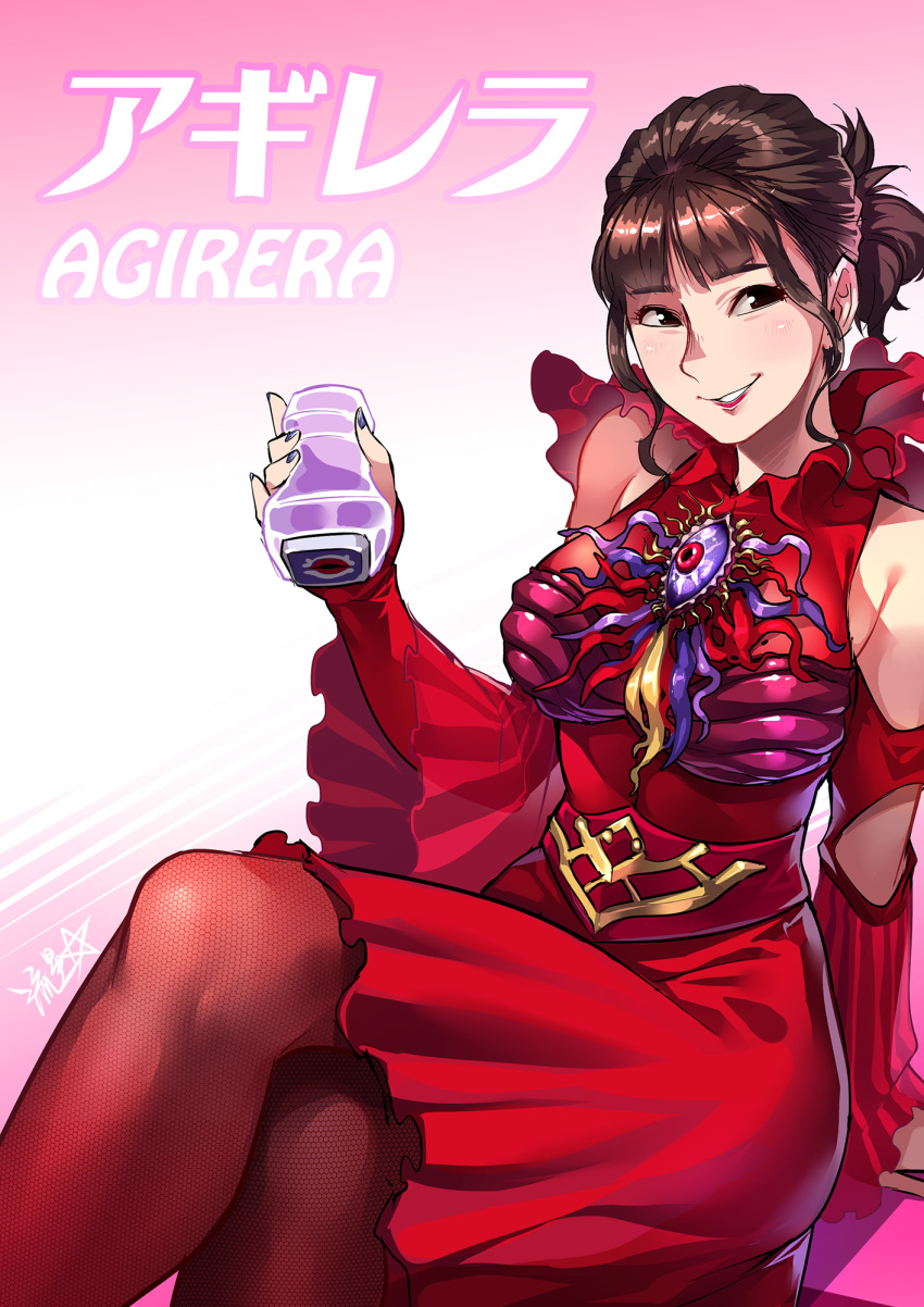 1girl, aguilera_(kamen_rider_revice), bare_shoulders, black_eyes, blue_nails, blush, brown_hair, commentary_request, crossed_legs, dress, fingernails, highres, holding, kamen_rider, kamen_rider_revice, lipstick, long_sleeves, looking_at_viewer, makeup, nail_polish, pantyhose, red_dress, red_legwear, red_lips, ryuusei_(mark_ii), signature, smile, solo, third_eye