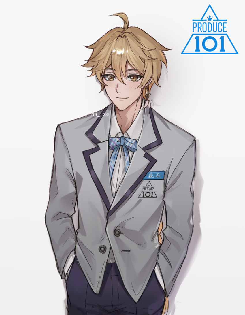1boy, aether_(genshin_impact), ahoge, alternate_costume, artist_name, bangs, black_pants, blonde_hair