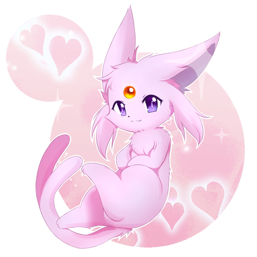 animal_focus, closed_mouth, commentary, espeon, fluffy, forehead_jewel, forked_tail, full_body