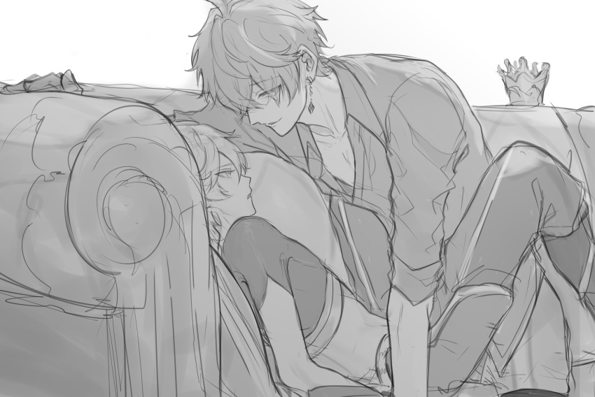 2boys, aether_(genshin_impact), bangs, couch, crown, earrings, eyebrows_visible_through_hair, genshin_impact, gloves, greyscale, ha_ze, highres, jewelry, lying, male_focus, monochrome, multiple_boys, on_back, pants, shirt, short_sleeves, simple_background, single_earring, sketch, tartaglia_(genshin_impact), yaoi
