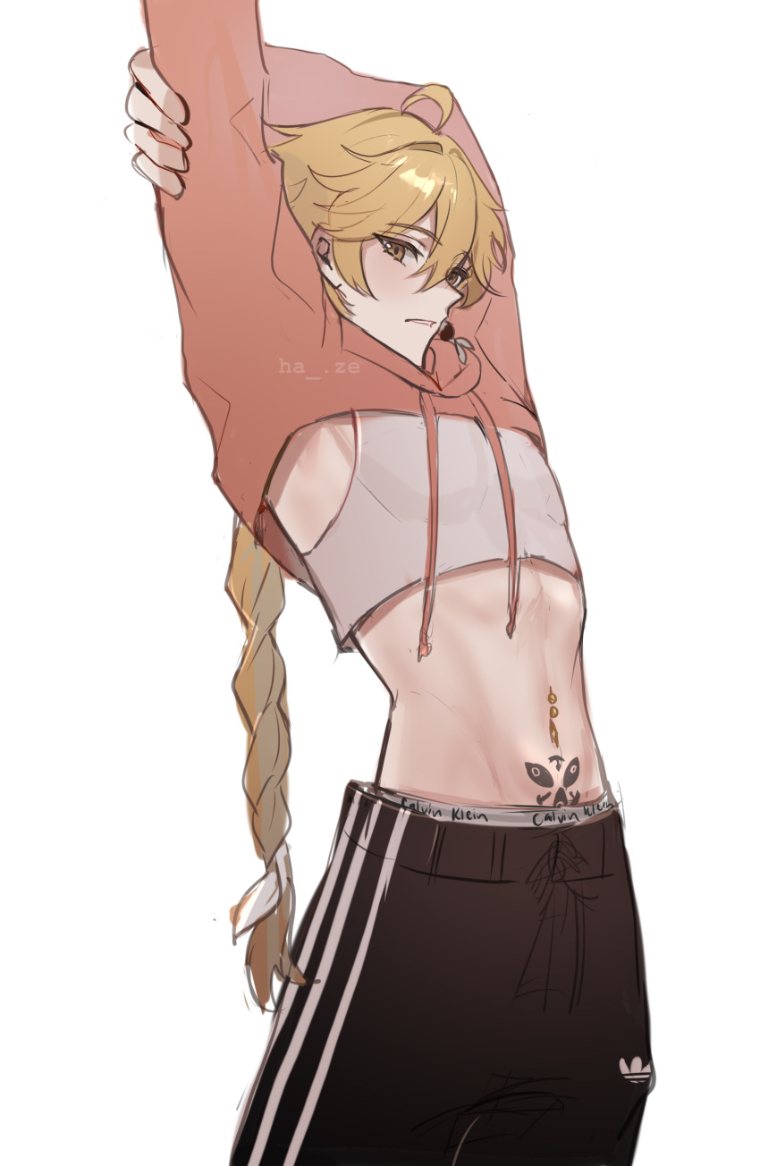 1boy, absurdres, aether_(genshin_impact), ahoge, arms_up, bangs, black_pants, blonde_hair