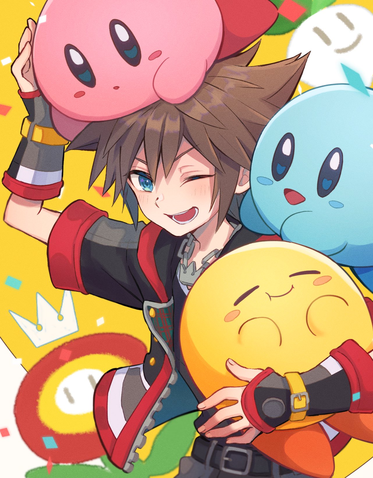 1boy, blue_eyes, blush, brown_hair, closed_eyes, fingerless_gloves, flower, gloves