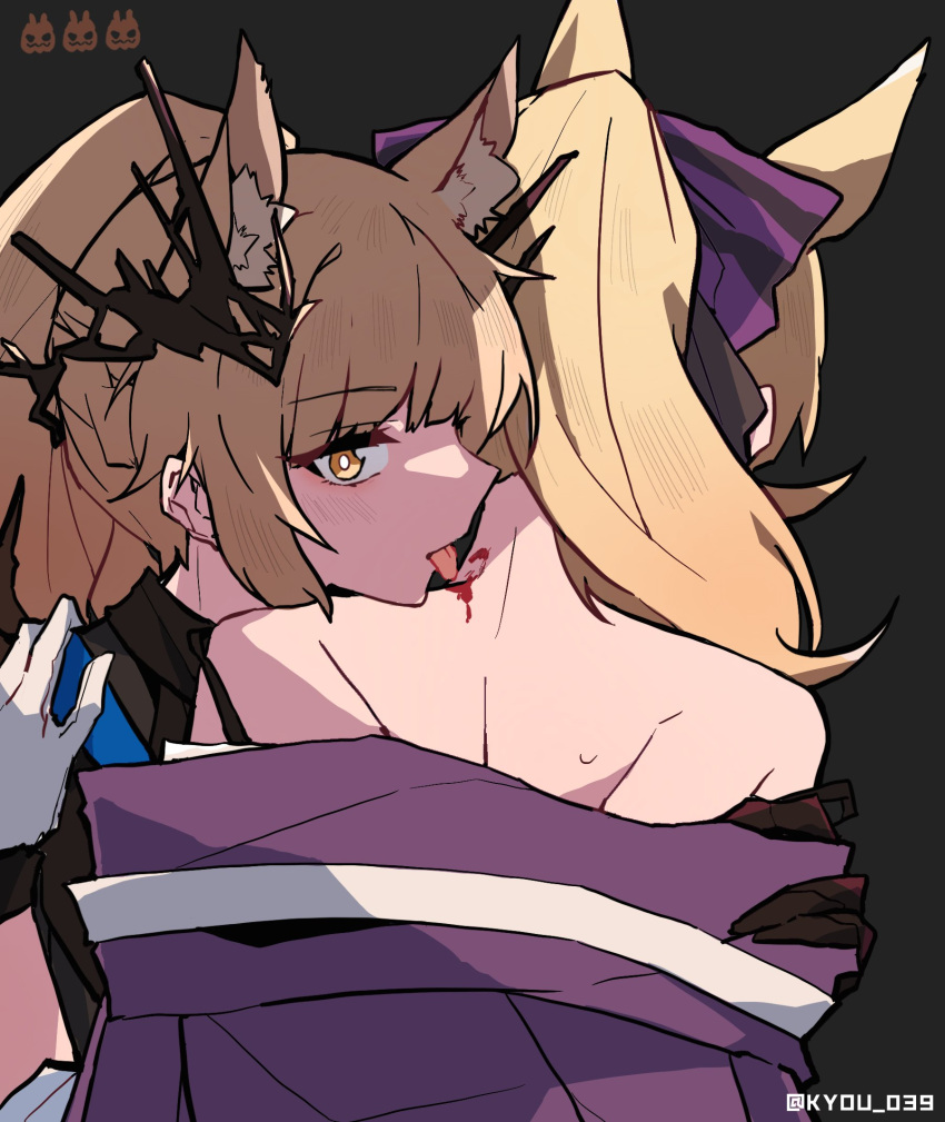 2girls, animal_ear_fluff, arknights, aunt_and_niece, bangs, bare_shoulders, biting, black_background