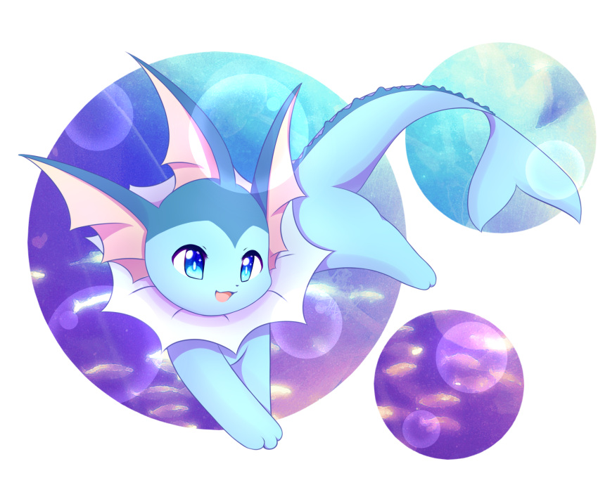 :3, animal_focus, blue_eyes, bubble, commentary, english_commentary, fish, full_body