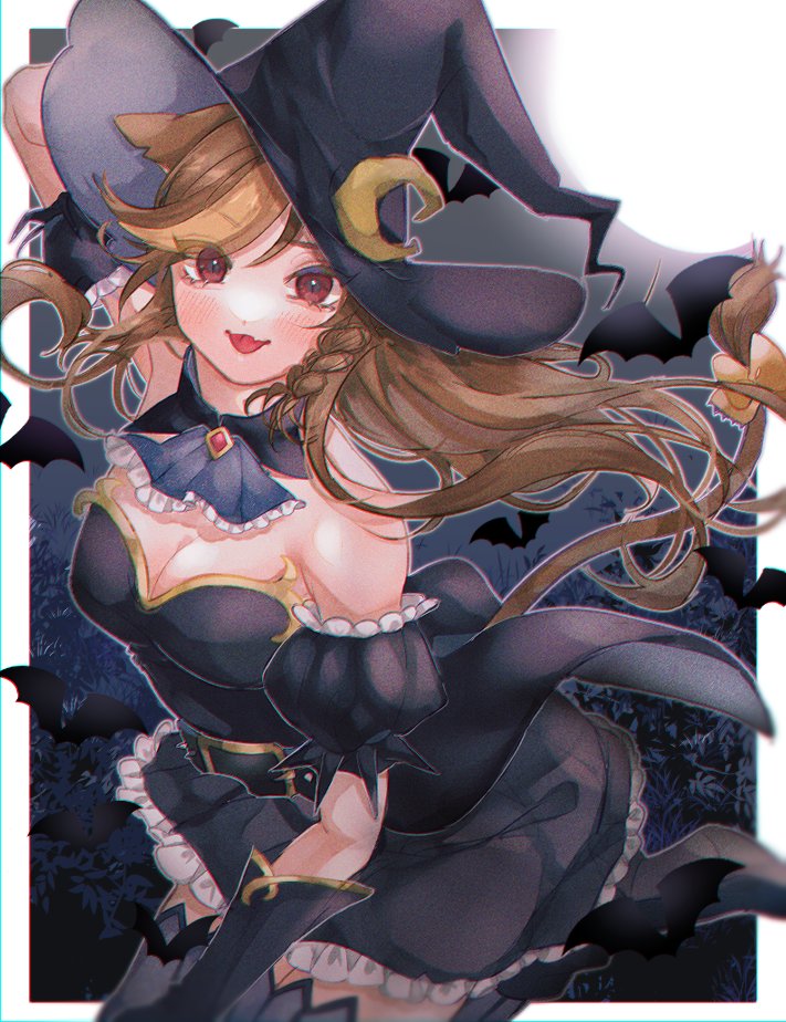 1girl, black_dress, black_footwear, black_headwear, black_skirt, boots, braid, breasts